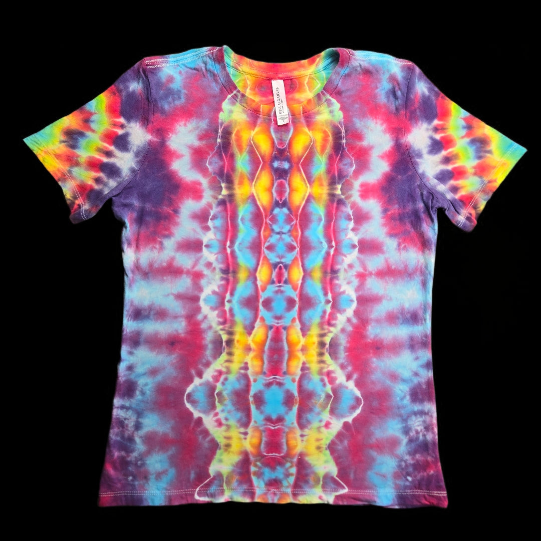 totem Tie Dye T-Shirt — pink pirple blue yellow rainbow — Women's Small — Front — totem