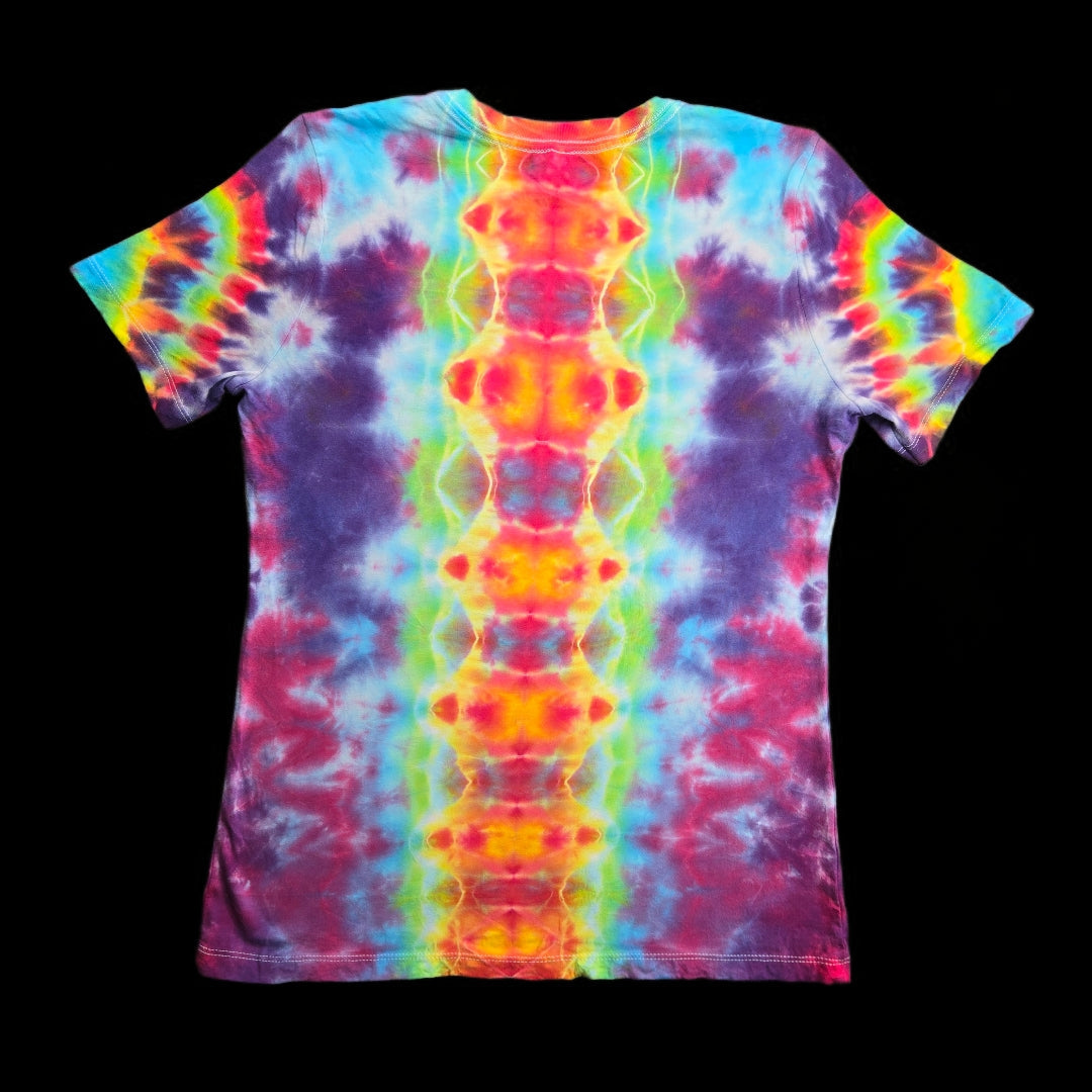 totem Tie Dye T-Shirt — pink pirple blue yellow rainbow — Women's Small — Back — spine