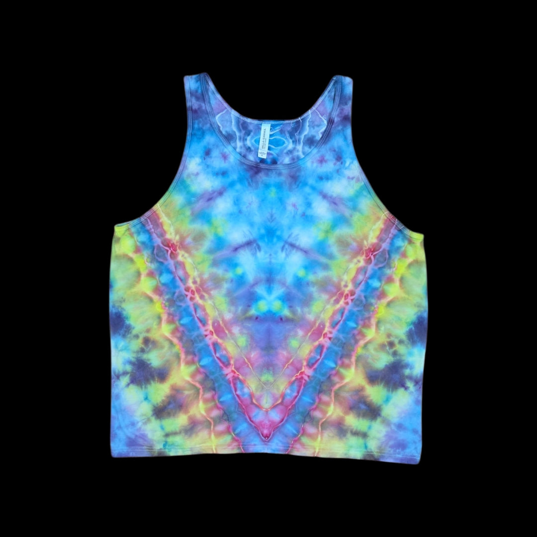 L tie dye tank top, rainbow-ish V