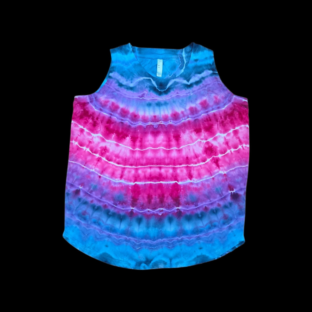 XL women's tie dye tank top, pink stripe on blue