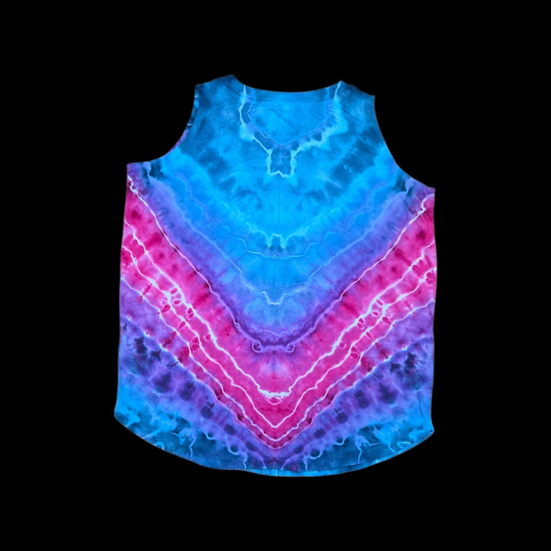 XL women's tie dye tank top, pink stripe on blue
