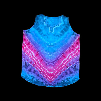 XL women's tie dye tank top, pink stripe on blue